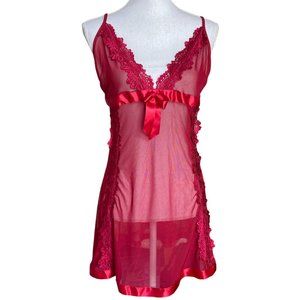 Lace Trim Mesh Babydoll L Chemise Sheer Ribbon Bow Intimates Sleepwear Red Wine